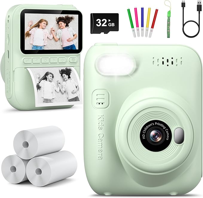Kids Camera Instant Print | Birthday Graduation Gifts for Kids Age 3 4 5 6 7 8 9 | Toddler Portable Travel Print Digital Camera Outdoor Toy for 3-12 Boys Girls (Green)
