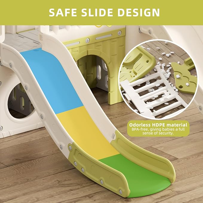 KORIMEFA 10-in-1 Toddler Slide, Kid Double Slide for Toddlers Age 1-3, Basketball Hoop, and Telescope, Indoor Outdoor Slide Toddler Playset Toddler Playground, Forest Themed Green, FE-ST-SWW0464