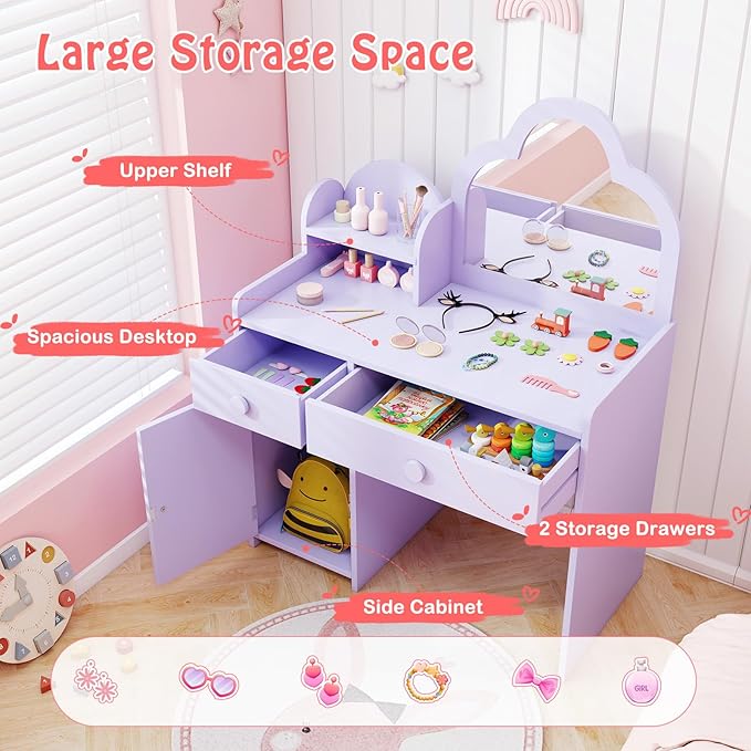 HONEY JOY Kids Vanity, Cloud Shape Wooden Girls Vanity Set with Mirror and Stool, Drawers, Storage Cabinet, Toddler Makeup Desk Dressing Table, Pretend Play Kids Vanity Table and Chair Set (Purple)