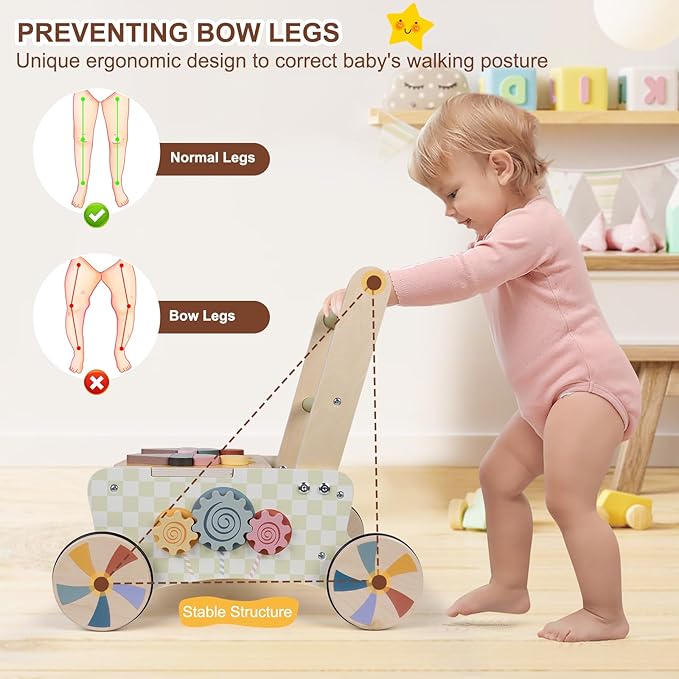 Wooden Baby Walker with Wheels, Montessori Kitchen Walking Toys, Pretend Play Grocery Toys, Sorting and Stacking Toys for Infants and Toddlers, Push and Pull Learning Activity Walkers