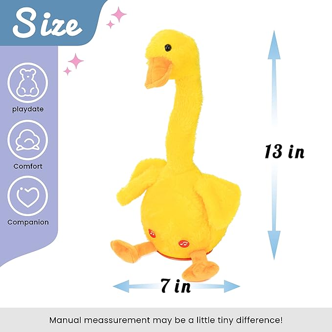 Hopearl Glowing Dancing Duck Toy Repeats What You Say Talking Duckling Toy Wriggle Singing Mimicking Twisting Light Up Interactive Animated Toy Speaking Plush Gift for Kids, Yellow, 13''