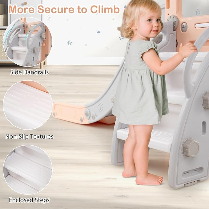 Costzon 10 in 1 Toddler Swing and Slide Set, Double Kids Slide and Climber Playset w/Aisle, Peek-a-Boo Window & Storage Space, Baby Indoor Playground for Aged 1+ (Pink-2 Slides,100" × 59" × 40")