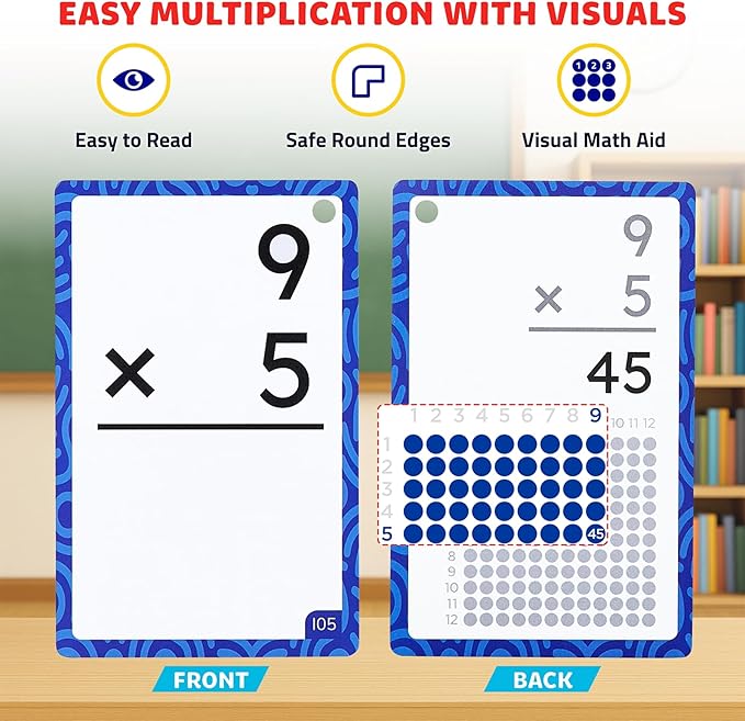 JoyCat Multiplication Flash Cards + Chart- 156 Hole Punched Math Game Flashcards for Kids Ages 8 and Up, Times Table Manipulatives for Preschoolers 3rd,4th,5th,6th Grade