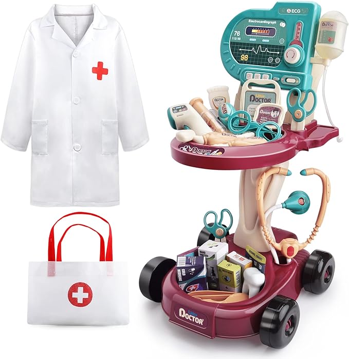 Deejoy Toy Doctor Kit for Kids，Doctor Role Play Costume，Medical Bag，Eye Chart，Thermometer，Stethoscope，Pulse Machine，24 Piece Pretend Medical Station Set for Boys & Girls ，Great Gift for Toddler
