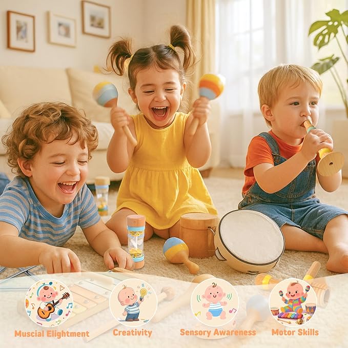 Baby Musical Instruments for Toddlers 1-3, 8PCS Montessori Musical Toy Set with Xylophone, Drum, Maracas...Perfect Toy Gift for 1-3 Year Old Boy Girl