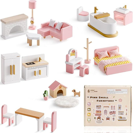 ROBUD Wooden Dollhouse Furniture Set, 28 Pcs Doll House Accessories, Miniature Furniture Including 6 Room Kits, Pretend Play Toys, Gift for Boys and Girls,3+