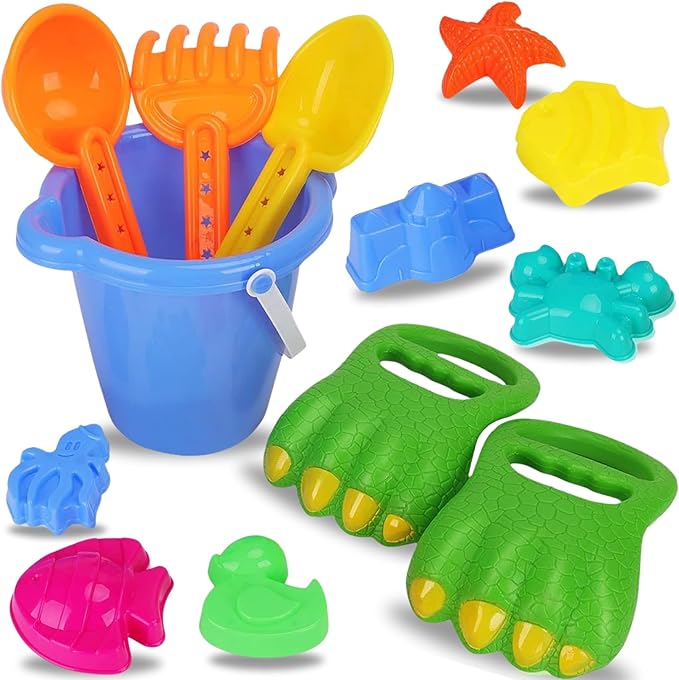 Liberty Imports 13 PCS Beach Sand Toys, Dinosaur Claw Hand Scoop Play Set with Bucket, Shovel Tools, Animal and Castle Sand Molds - Beach Sandbox Toys for Toddlers & Kids