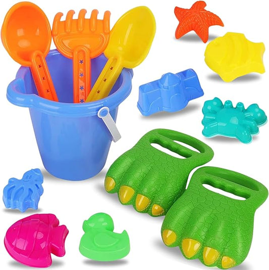 Liberty Imports 13 PCS Beach Sand Toys, Dinosaur Claw Hand Scoop Play Set with Bucket, Shovel Tools, Animal and Castle Sand Molds - Beach Sandbox Toys for Toddlers & Kids
