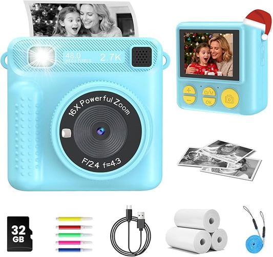 Instant Print Camera for Kids, 1080P Digital Kids Camera, Christmas Birthday Gift for 3-12 Years Old Girls & Boys, Portable Toy with 32GB SD Card & 3 Rolls Printing Paper (Blue Pro)
