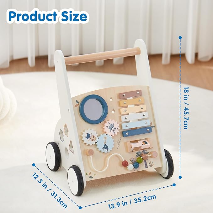 Freniland Wooden Baby Walker，Baby Walker with Wheels for Toddlers 18M+，Montessori Toys with Bead Maze, Xylophone and Storage for Boy and Girl