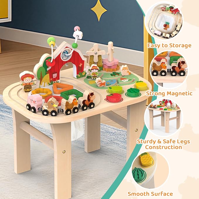 Activity Table for 1 Year Old, Baby Wooden Sensory Table with Bead Maze Shape Sorter Train Track for Toddler, Farm Montessori Toy Activity Center Educational Learning Toys for Kid 12+ Months (Natural)