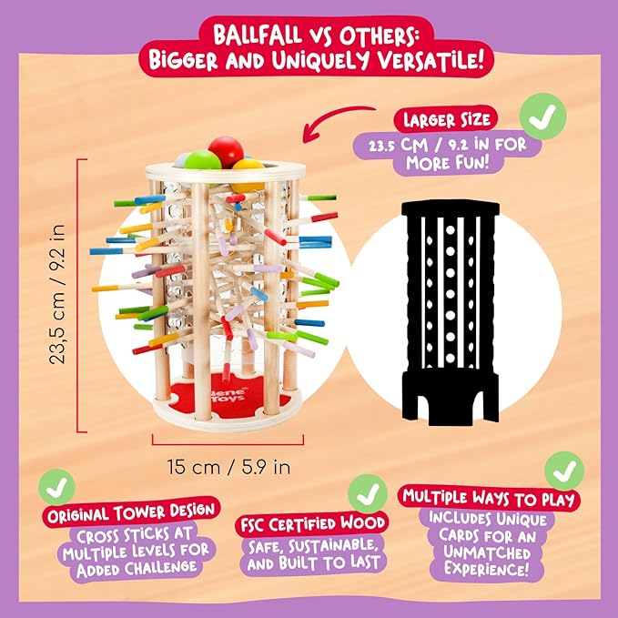 Nene Toys BALLFALL Jumbo – Montessori Wooden Board Game for Kids 3 4 5 6 Years – Colorful Sticks, Dice & Cards – Fine Motor Skills Toy, Math & Counting Game – Educational Gift for Boys Girls Ages 3-9