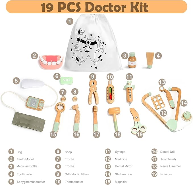 Wooden Doctor Kit for Kids, 19Pcs Pretend Play Dentist Toddlers Doctor Medical Toy Set with Stethoscope Syringe Thermometer Tooth Model and Carry Bag Montessori Role Play Gift for Boys Girls Ages 3+