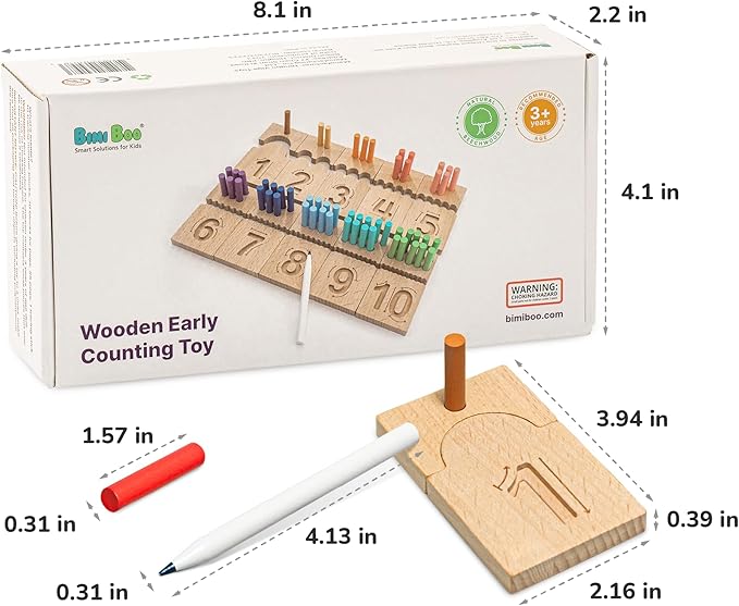 Bimi Boo Counting Peg Boards and Number Tracing for Kids - Wooden Montessori Arithmetic Math Toy Set for Toddlers and Preschoolers - Math Manipulatives for Kindergarten (55 Pegs, 10 Boards, 1 Pencil)
