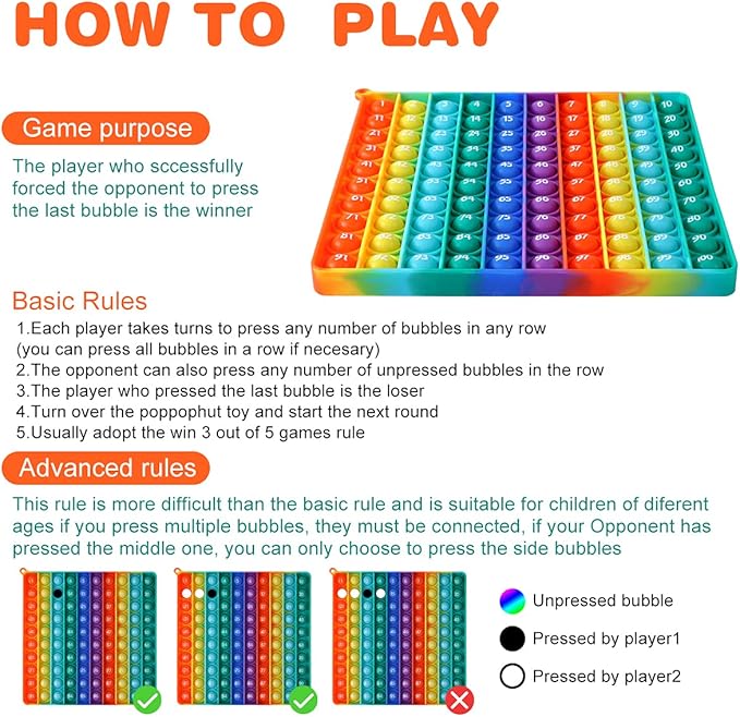 AK-SHIP 7.8in Big Size P0pp Math Toys , Rainbow Square Fidget Ttoy 100bubbles Stress Relieving Fidget Game for Teachers to Create Kinds of Math Manipulatives【with 1-100 Numbers Tables】