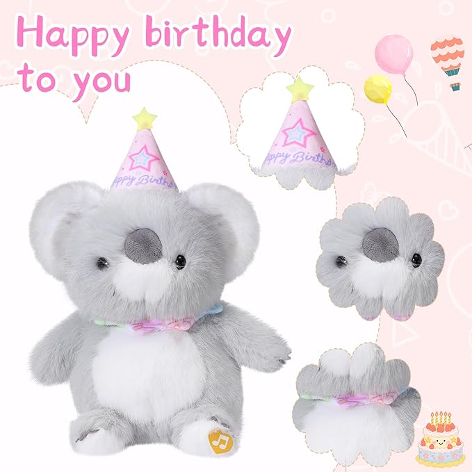 Birthday Koala Plush Toy Clap Activated with Voice Recording Singing Dancing Interactive Stuffed Animal Gift for Toddler Kids Boys Girls