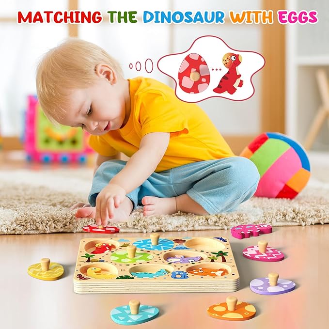 Wooden Puzzles for Toddlers, 8 Pcs Dinosaur Matching Egg Puzzle, Montessori Toys for Boy Girl Easter Birthday Gifts, Preschool Learning Activities & Educational Toys for Boys, Girls