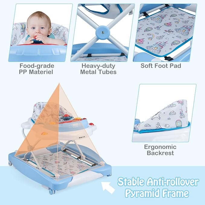 HONEY JOY Baby Walker, 6-in-1 Foldable Baby Walker and Bouncer Combo, Infant Activity Walker with Wheels, Adjustable Heights, Rocker, Music, Lights, Walker for Baby Boy Girl 7-14 Months (Blue)