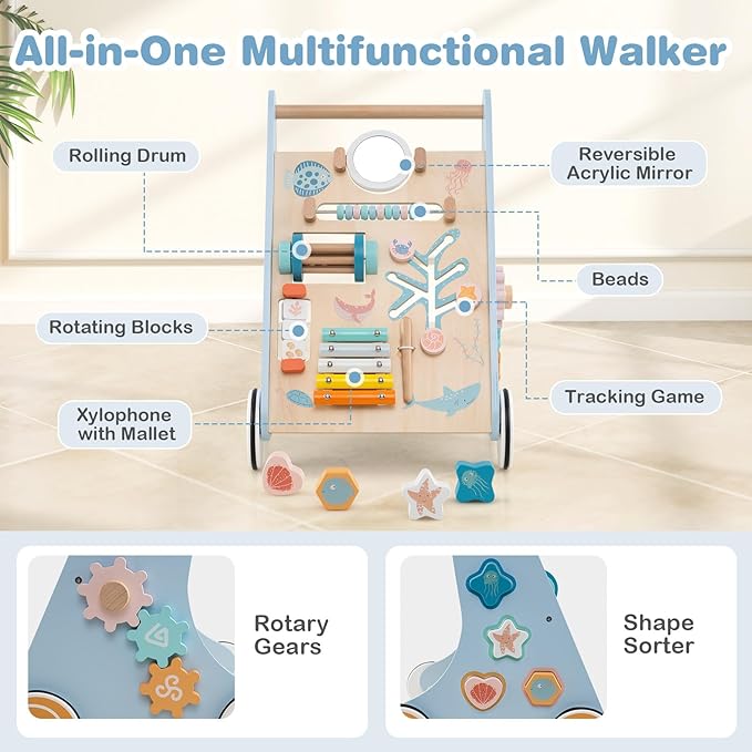 HONEY JOY Baby Push Walker, Wooden Infant Walker Activity Center with Shape Sorter, Develop Motor Skills & Creativity, Push Toys for Babies Learning to Walk, Gift for Boys & Girls