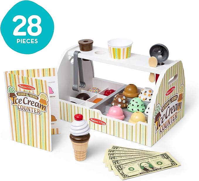 Melissa & Doug Wooden Scoop & Serve Ice Cream Counter, Pretend Play Store, 28 Toy Food & Play Kitchen Accessories, Preschool Toys for Girls & Boys 3+
