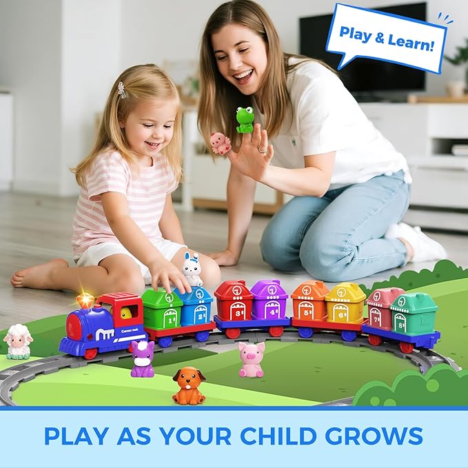 Learning Toys for Toddlers 1 2 3 Year Old,Electric Farm Train Set for Girls 2-4,Counting Matching & Sorting Montessori Train Toy with Farm Animals, Music, Light, Christmas Birthday Gift Baby (blue)