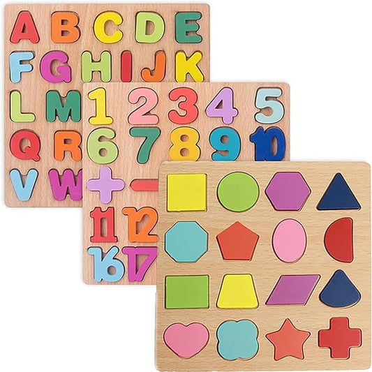 Wooden Puzzles for Toddlers, 3pack Alphabet Shape Puzzles for Kids 3 Wooden Montessori Toddler Wooden Alphabet Number Shape for Kids 3 Years Old Boys & Girls
