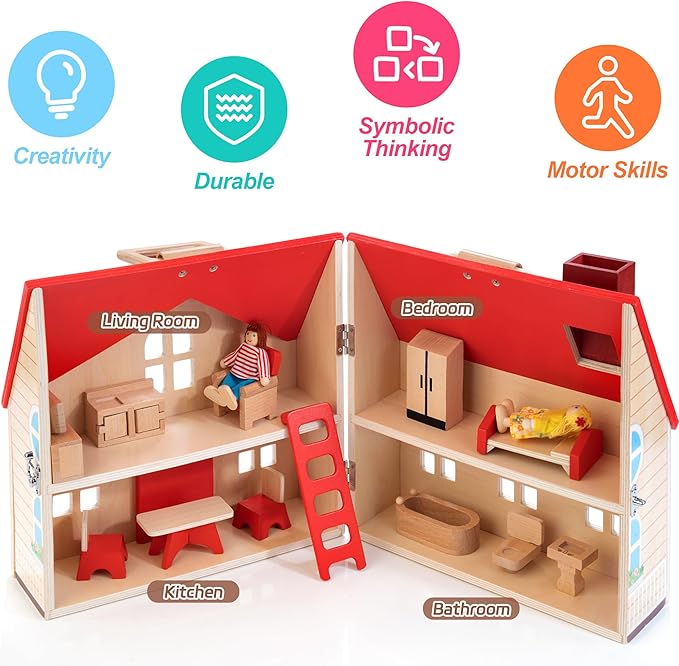 Foldable Wooden Dollhouse with 13pcs Furniture, 4 Rooms and 2 Flexible Dolls, Pretend Play House Set with Portable Handle, Christmas Birthday Gift for Boys Girls Kids Age 3+