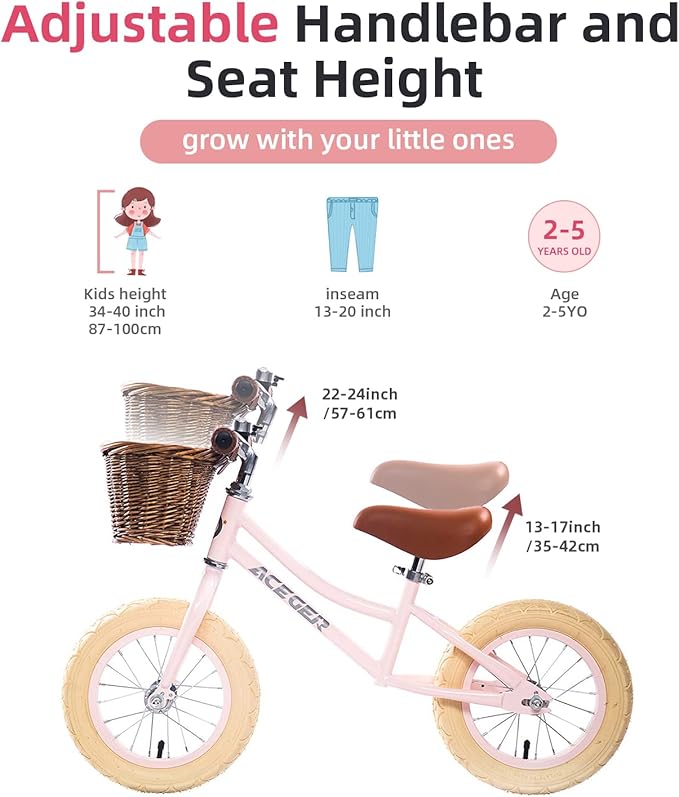 ACEGER 12" Kids Balance Bike with Basket, Toddler Bicycle for Early Learning Leg Strength and Steady Balancing, Durable Frame&Tool-Free Adjustable Seat, Gift Bike for 2-5 Kids, No Brake