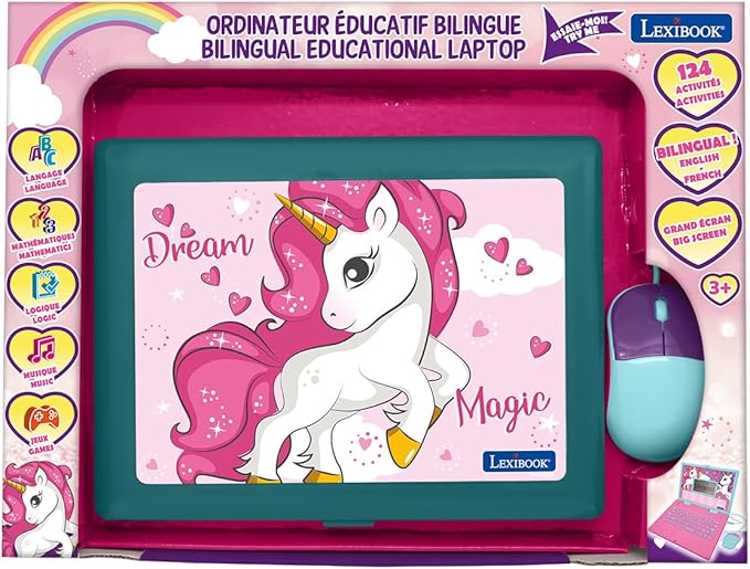 LEXiBOOK - Unicorn Educational and Bilingual Laptop Spanish/English - Toy for Children with 124 Activities to Learn Mathematics, Dactylography, Logic, Clock Reading, Play Games and Music - JC598UNIi2