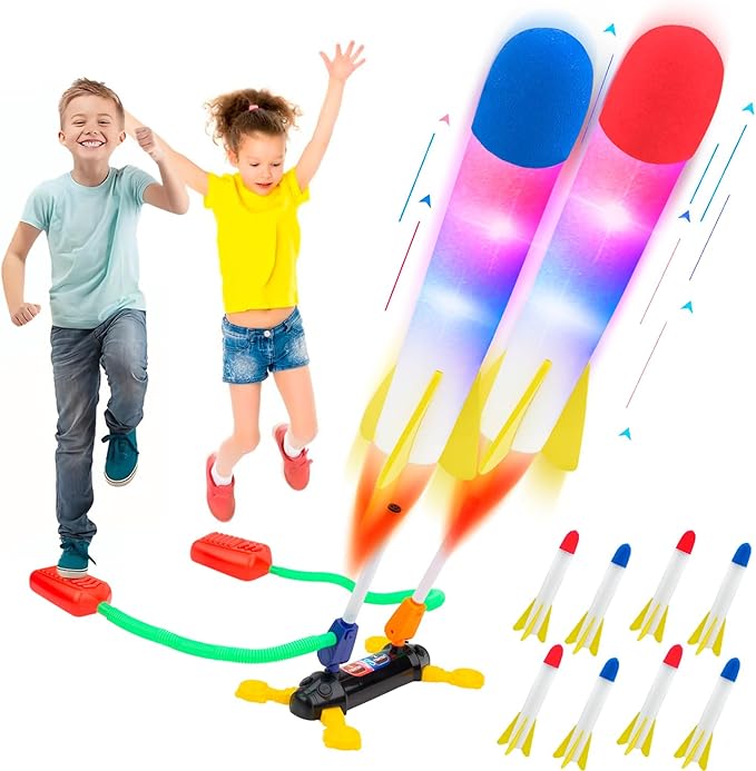 Rocket Launcher for Kids, Outdoor Duel Game Foam Jump Rocket Launcher Toy with 8 Flashing Foam Rockets for 5, 6, 7, 8 Ages Boys or Girls Birthday Toy & STEM Gifts