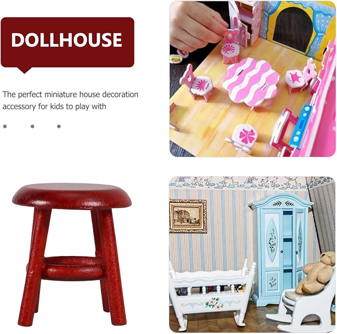 Totority Miniature Wooden Stool for Dollhouse Decor Tiny Furniture for Living Room Bedroom Study Retro Doll House Accessory