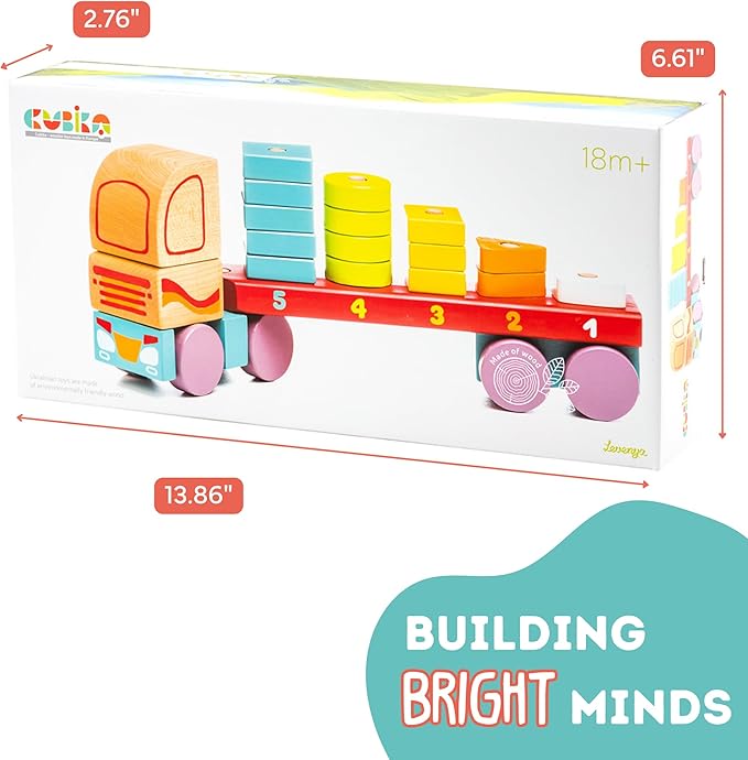 CUBIKA Wooden Geometric Shapes Truck– Montessori Toy for Toddlers Ages 3+– Shape Sorter and Stacking Truck Building Toy– FSC-Certified Wood, German Water-Based Paints, Travel-Friendly