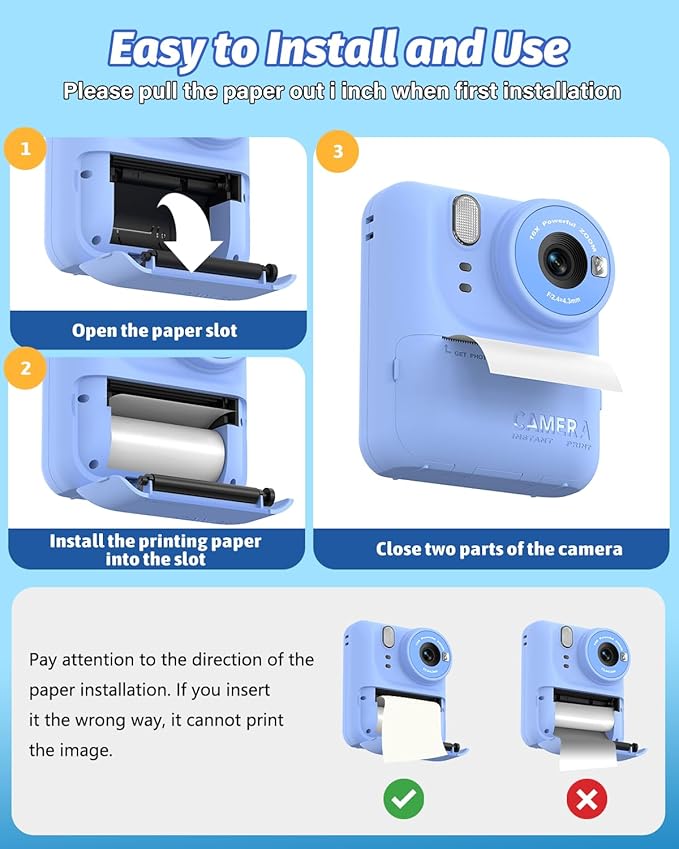 Kids Camera Instant Print Photo, Portable Thermal Printing Camera Toy with HD Digital Video, for 3-12 Years Old Boys Girls, Creativity & Learning (Blue)
