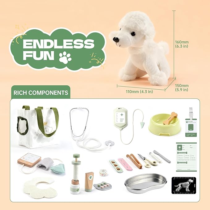 Wooden Doctor Kit for Kids Toddlers, Vet Play Set, Pretend Play Veterinarian Set, Doctor Toys Gift for Boys Girls 3 4 5 6