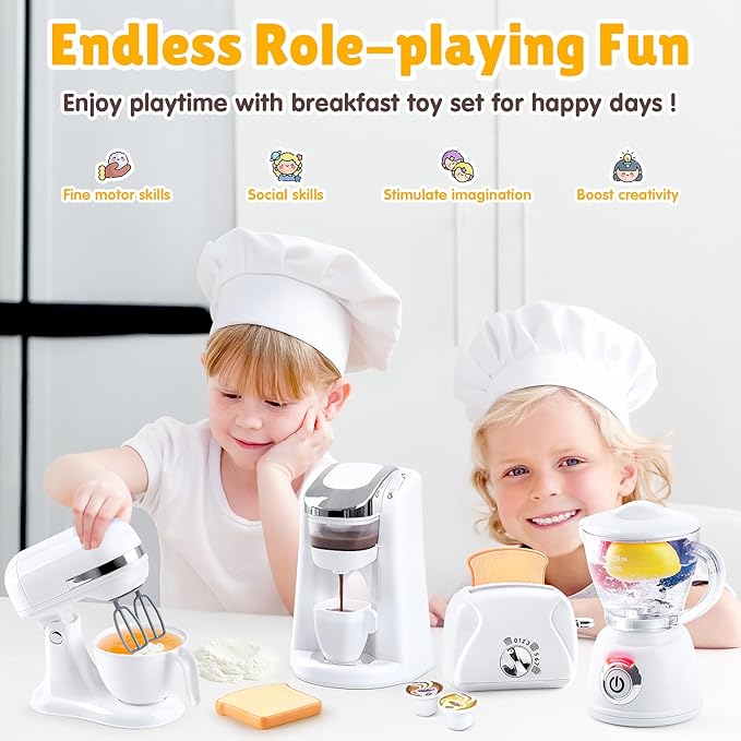 Kids Toy Kitchen Sets, Play Kitchen Accessories for Kids Ages 4-8 3-5, Kitchen Appliance Toys, Blender, Coffee Maker Machine, Mixer, Toaster, Pretend Play Toys for 4 Year Old Girls Toddlers, White
