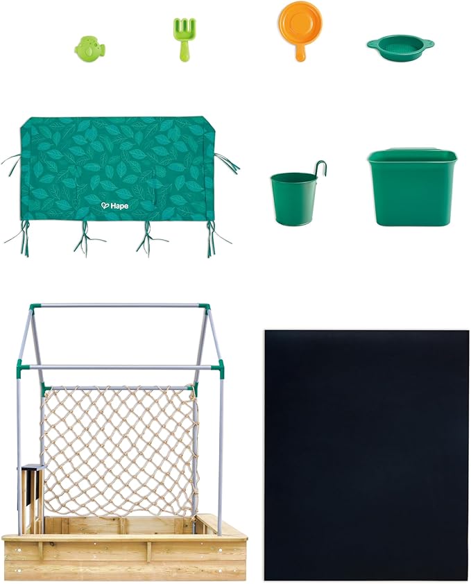 Hape All-in-one Sandbox Cabana Kit | Garden Sand Pit with Waterproof Sunshade, Activity Table, Water Play Station, Roleplay Kitchen and More | Outdoor Sandpit with Garden Toys