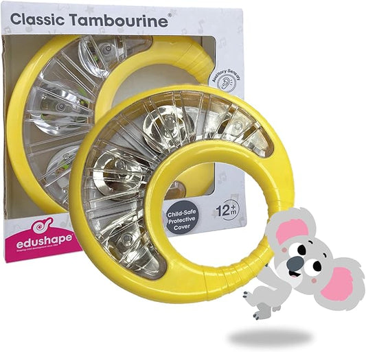 Edushape Classic Tambourine for Kids, Yellow - Percussion Musical Instrument Baby Tambourine for Toddlers 1-3, Kids Tambourine Fun Tummy Time, Fine Motor, Auditory and Visual Sensory Development