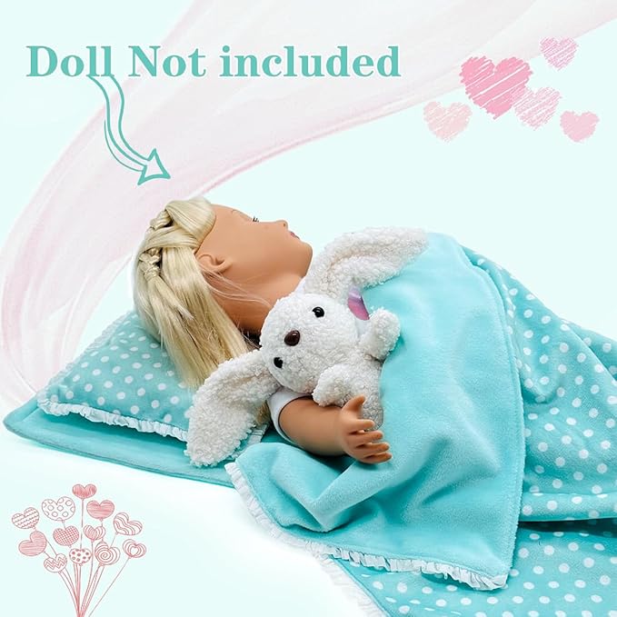 Baby Doll Accessories Bedding Set Soft Blanket Mattress Pillow Dolls Playset Fits 16-18 Inches American Doll Furniture Toy Girls and Boys (Green)