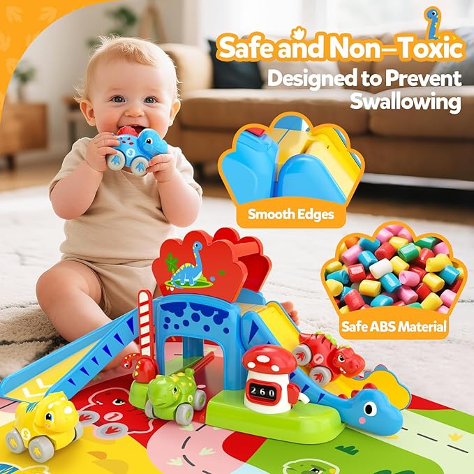 Toddler Toys for 1 2 Year Old Boy Gifts - Educational Dinosaur Slide Set with 4 Color/Number Push Cars and Playmat, Montessori Learning Toy for Baby 12-18 Months, 1st Birthday Present Ages 1-2, Red