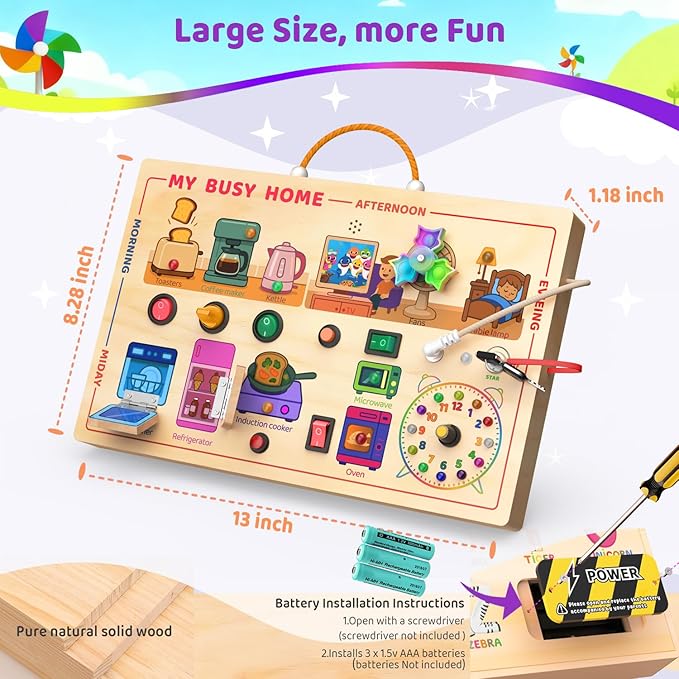 Montessori Wooden Busy Board for Toddlers 1-3 - Light Up LED Switch Sensory Board, Home Kitchen Themed Educational Learning Toy, Portable Travel Car Activities Gifts for 1 2 Year Old Boys Girls