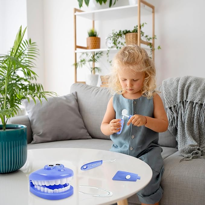 9-Piece Dental Pretend Play Set, Educational Dentist Play Kit with Teeth Model, Toothbrush, Dental Mirror, Syringe, Toothpaste, Tray, and Dental Tools, Fun Pretend Play Doctor Kit for Kids (Purple)