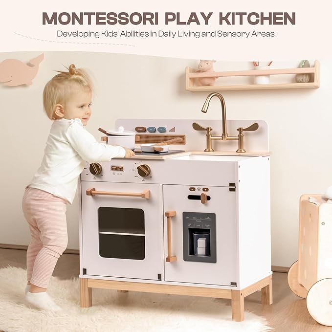 ROBOTIME Play Kitchen for Toddlers, Wooden Kids Play Kitchen Playset with Real Lights & Sounds/Ice Cube Dispenser, Pretend Play Montessori Toy Kitchen, Gift for Ages 3+
