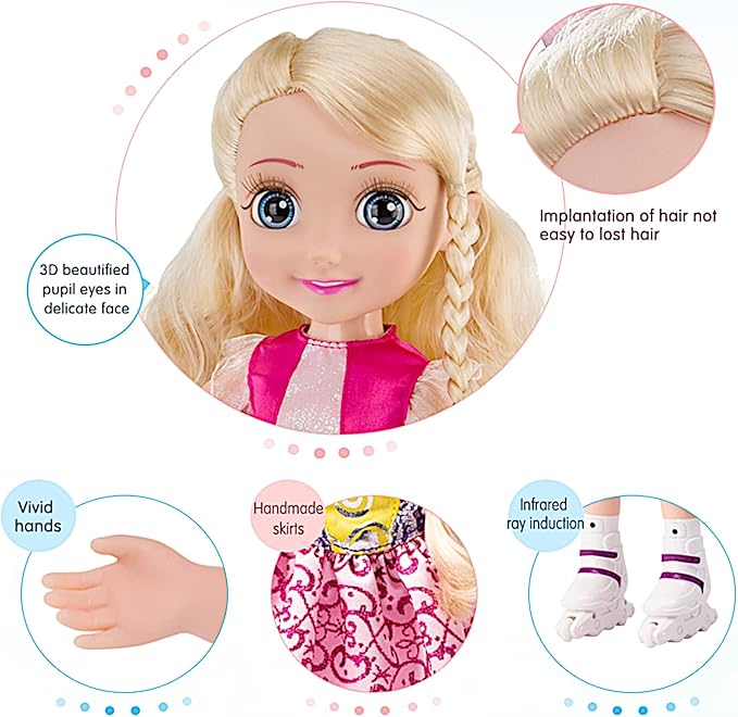 POCO DIVO Skating Princess 14" Dancing Doll Blading Skates Inline Roller Girl Interactive auto Retreat Baby Sonic Control Fashion Dress Blonde Beauty with Music