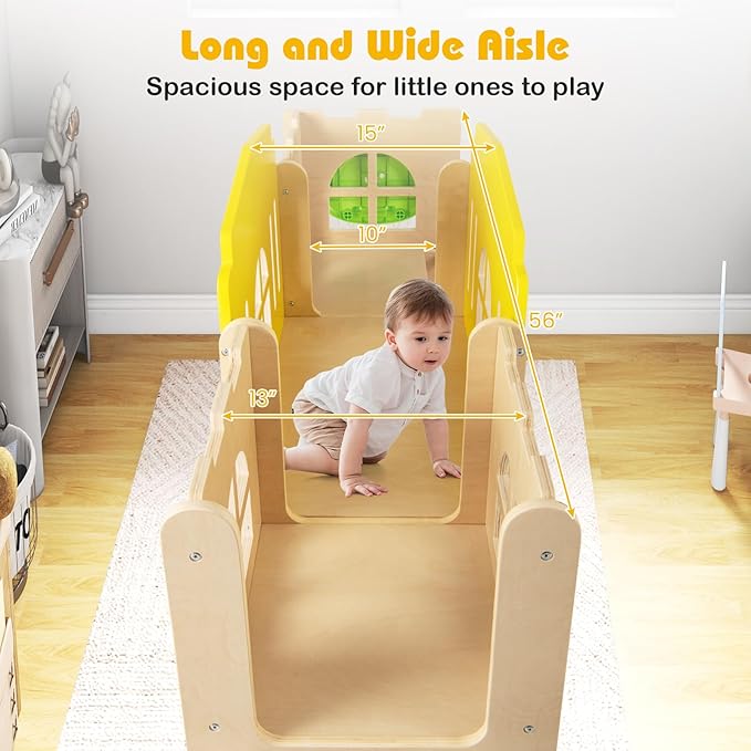 Costzon Wooden Toddler Slide, 7-in-1 Climber Playset with Slide, Basketball Hoop, Extra-Long Aisle, Peek-a-Boo Window, Crawling Tunnel & Storage Space, Indoor Outdoor Playground Slide for Kids