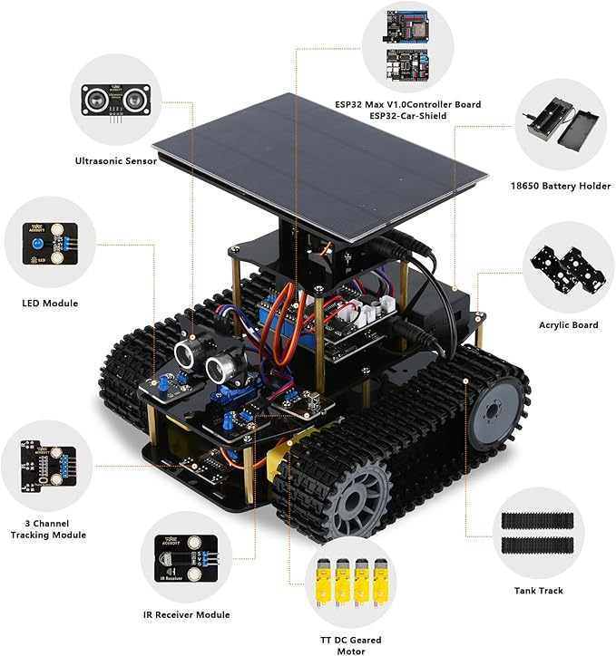 ACEBOTT ESP32 Smart Tank Solar Robot Car, 4WD Omnidirectional Movement Remote Control Car Compatible with Arduino IDE, Electronics Programming Project/STEM Educational/Science Coding Kit for 12+Teens