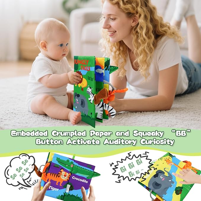 Baby Books Toys 0-12 Months with Teether,Tummy Time Crinkle Sensory Toys,High Contrast Touch & Feel Soft Book, Early Learning Infant Toys,Shower Gift for Boys Girls (Jungle Animal)