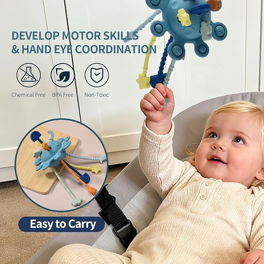 Silicone Baby Sensory Montessori Toys & Pull String Teething Toys for 6-12-18 Months, Toddler Birthday Gift Car Seat Airplane Travel for 1 2 Year Old Boy Girl Infant 8 9 10 Months Old (Blue)