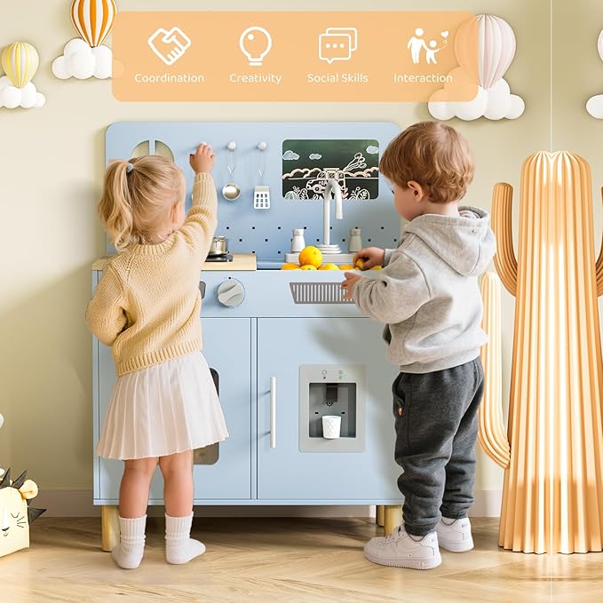 MAMIZO Play Kitchen for Kids, Pretend Playset with Blackboard & Realistic Lights & Sounds, Ultimate Interactive Wooden Kitchen with Knob Sounds, Sink, Water Dispenser, 6 Pcs Cookware for Ages 3+(Blue)