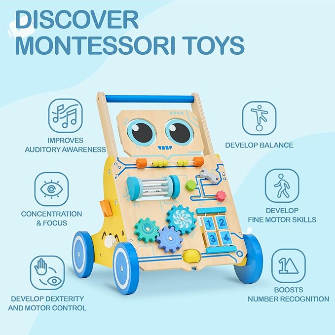 Monläurd® Robot Wooden Baby Walker, Adjustable Push ＆ Pull Toy, Montessori Activity Center, Learning Activity Walker - Ideal for Early Development & Motor Skills for Toddlers