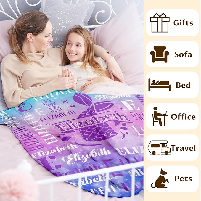 Blankets for Kids Girls 6-8, Custom Mermaid Gifts for Children Teens, Personalized with Name Soft Flannel Lightweight Monogram Name Accessories Blanket for Travel Camping Outdoor Decoration